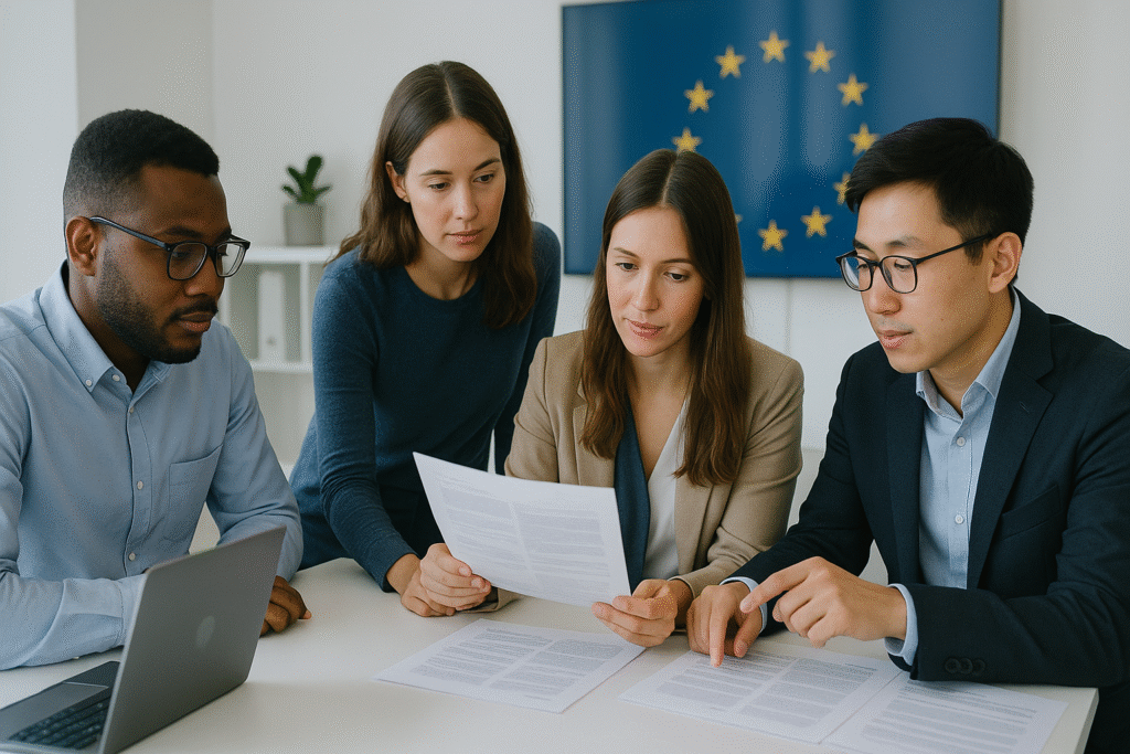 Team collaborating in a modern European office on GDPR compliance with Gabsor EU Representative service